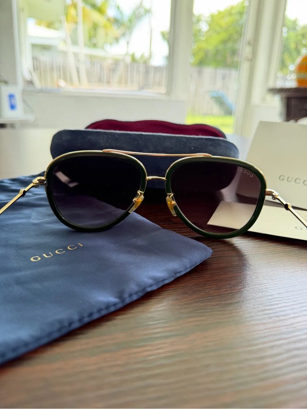 Gucci GG0062S Green & Red Trim Aviator Sunglasses with Gradient Lenses